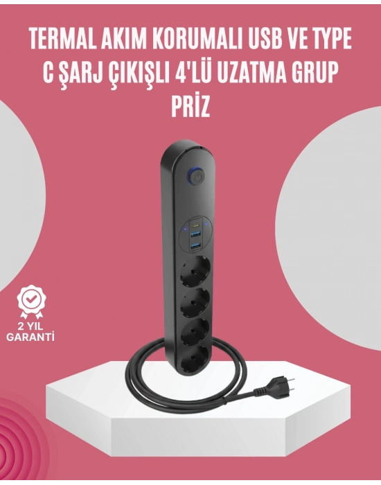 ® Led Anahtarlı Akım Korumalı Çoklu Priz 4 Priz 3 USB Girişli