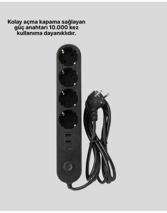 Led Anahtarlı Akım Korumalı Çoklu Priz 4 Priz 3 USB Girişli