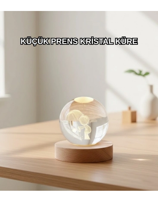 ® LED Aydınlatmalı 3D Küçük Prens Kristal Küre Ahşap Standlı Masa Gece Lambası