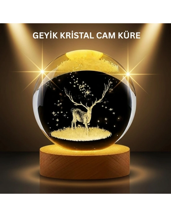 LED Işıklı Geyikli Kristal Küre Ahşap Standlı Modern Dekor Lamba