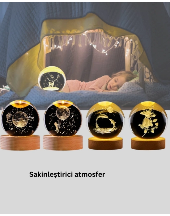 ® LED Işıklı Geyikli Kristal Küre Ahşap Standlı Modern Dekor Lamba