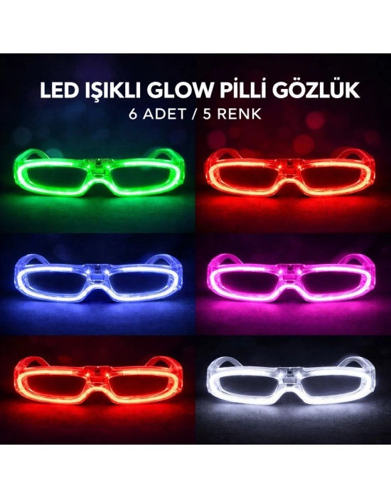 LED Işıklı Glow Pilli Parti Gözlüğü - Efektli 6 Adet 5 Renk