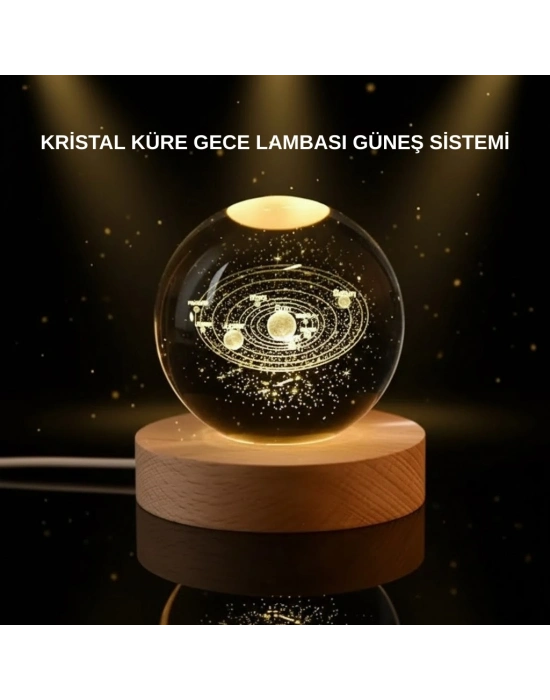 ® LED Işıklı Kristal Küre Ahşap Standlı Dekoratif Gezegen Model