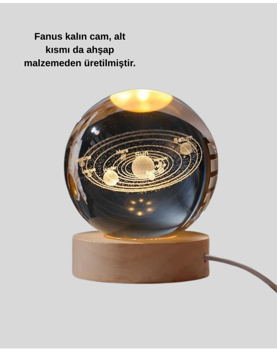 ® LED Işıklı Kristal Küre Ahşap Standlı Dekoratif Gezegen Model