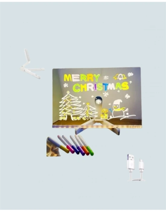 ® LED Işıklı Şeffaf Yazı Tahtası – Neon Etkili Akrilik Pano, Silinebilir, 7 Renkli Kalemli, 30x20 cm