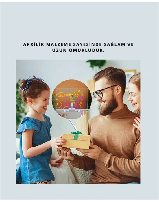 ® LED Işıklı Şeffaf Yazı Tahtası – Neon Etkili Akrilik Pano, Silinebilir, 7 Renkli Kalemli, 30x20 cm