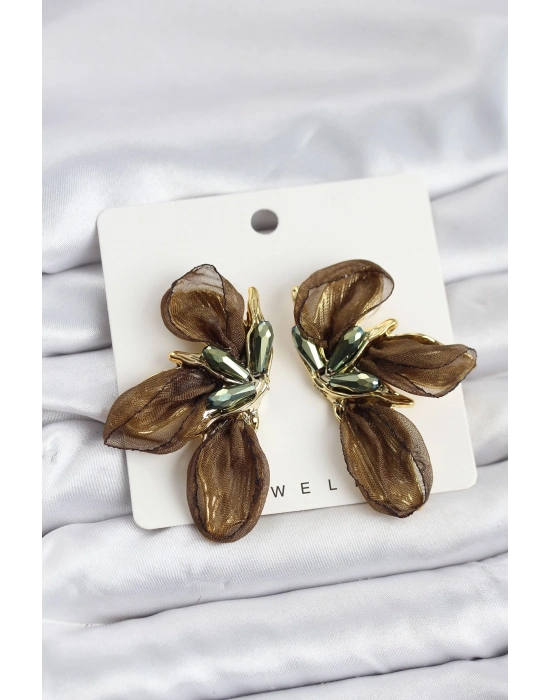 ® Lotus Model Haki Renk Tüllü Kadın Küpe