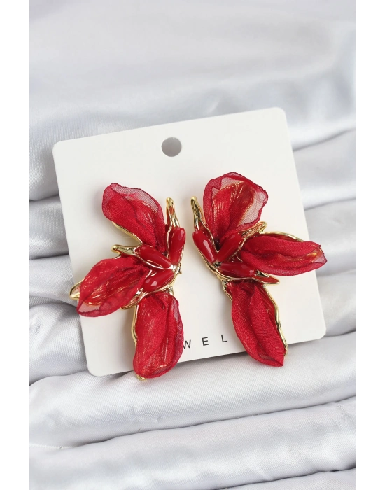 ® Lotus Model Kırmızı Renk Tüllü Kadın Küpe