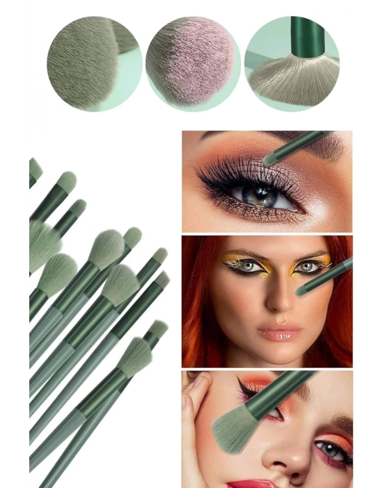 ® Makyaj Fırça Seti Yeşil 13 Parça Fondöten Fırçası Allık Fırçası Far Fırçası