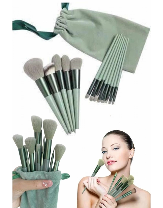 ® Makyaj Fırça Seti Yeşil 13 Parça Fondöten Fırçası Allık Fırçası Far Fırçası