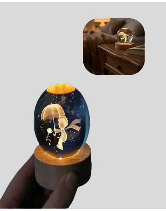 ® Masif Ahşap Standlı 3D Küçük Prens Kristal Top USB Gece Lambası Sıcak Işık