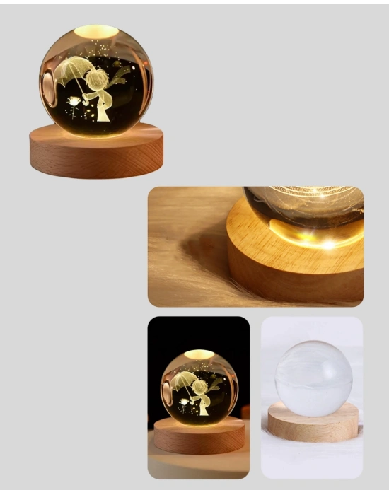 ® Masif Ahşap Standlı 3D Küçük Prens Kristal Top USB Gece Lambası Sıcak Işık