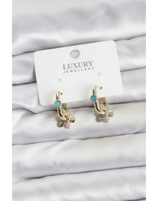 ® Mavi Taş Detaylı Pirinç Gold Renk Kadın Göçmen Küpesi