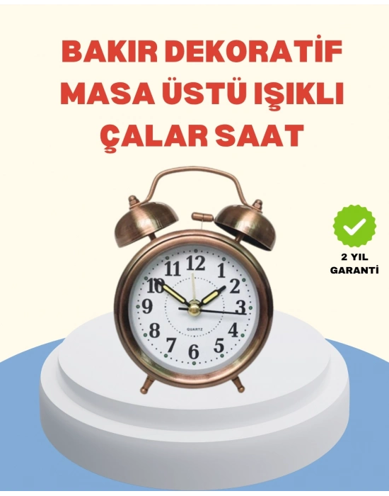 ® Metal Bronz Nostaljik Masa Saati Alarmlı Büyük Boy Sessiz Mekanizmalı