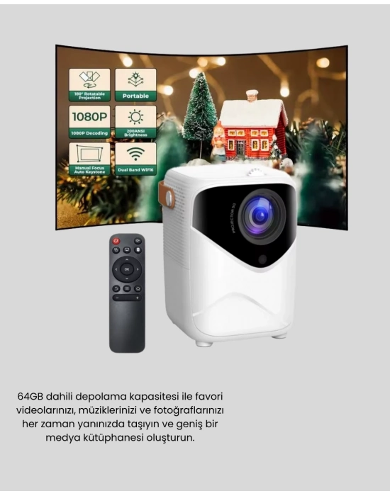 ® Mini Akıllı Projektör – 1080P Full HD, 64GB Depolama, 2GB RAM, Uzaktan Kumanda Destekli