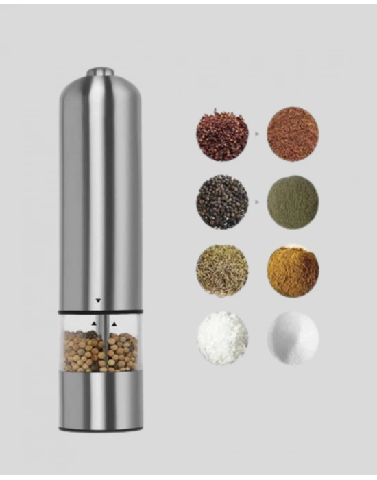 ® Modern Otomatik Baharat Öğütücü Seti – Pilli, Paslanmaz Çelik, LED Aydınlatmalı