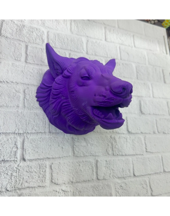 ® Mor Renk 3D Kurt Başı Duvar Dekoru Asılabilir Maskot Heykel 25x19 cm