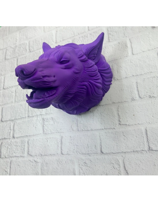 ® Mor Renk 3D Kurt Başı Duvar Dekoru Asılabilir Maskot Heykel 25x19 cm