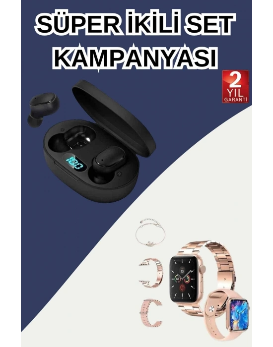 ® Nabız Ölçer Hediye Bileklikli Akıllı Saat ve Dijital Göstergeli Bluetooth Kulaklık Çoklu Şarj Girişi