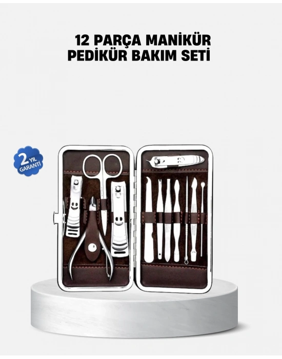 ® Özel Deri Çantalı 12 Parça Manikür Pedikür Bakım Seti Paslanmaz Çelik