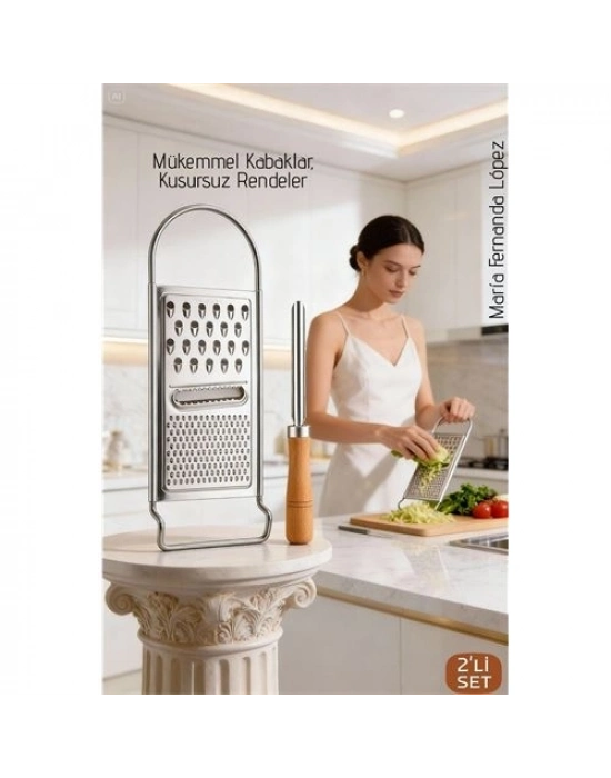 ® Paslanmaz Çelik El Rendesi ve Ahşap Saplı Kabak Oyacağı - 2li Profesyonel Mutfak Hazırlık Seti