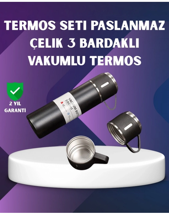 ® Paslanmaz Termos ve İkili Bardak Seti | 6-12 Saat Sıcak/Soğuk Tutma