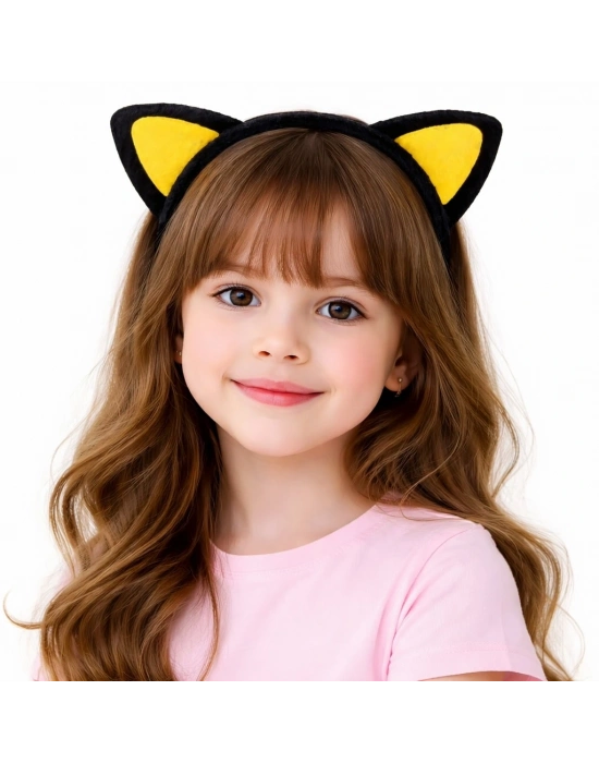 Peluş Kedi Kulak Taç Sarı Siyah – Çocuk Parti Kamp; Kostüm Tacı