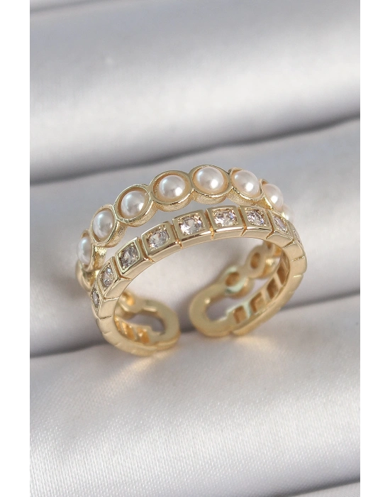 ® Pirinç Gold Renk 2Li Zirkon Taşlı Ve İncili Ayarlanabilir Kadın Yüzük