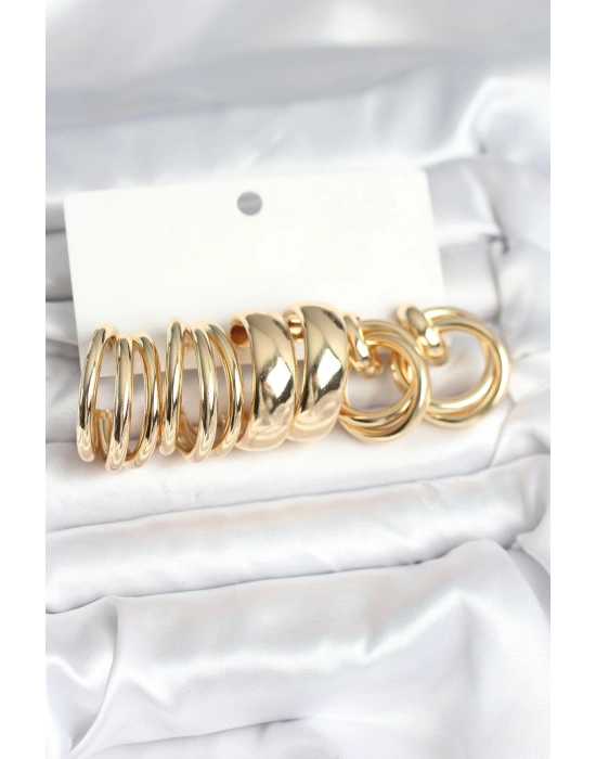 Pirinç Gold Renk 3 Çift Vintage Kadın Küpe Seti