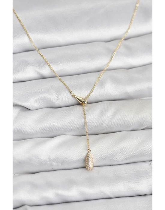 ® Pirinç Gold Renk Asansörlü Damla Model Kadın Kolye