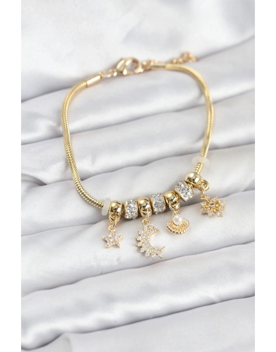 ® Pirinç Gold Renk Ay Charm Model Charmlı Kadın Bileklik