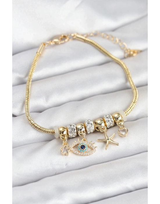 ® Pirinç Gold Renk Göz Model Charmlı Kadın Bileklik