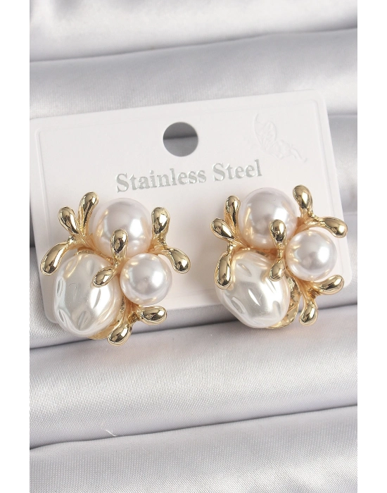 ® Pirinç Gold Renk İnci Tomurcuk Model Kadın Küpe