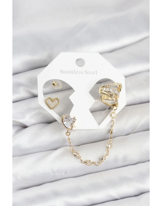 ® Pirinç Gold Renk Kalp Model Zincir Bağlantılı Ear Cuff Küpe Seti