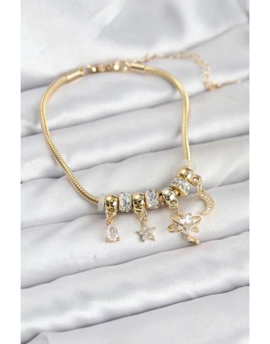 ® Pirinç Gold Renk Kalpli Model Charmlı Kadın Bileklik