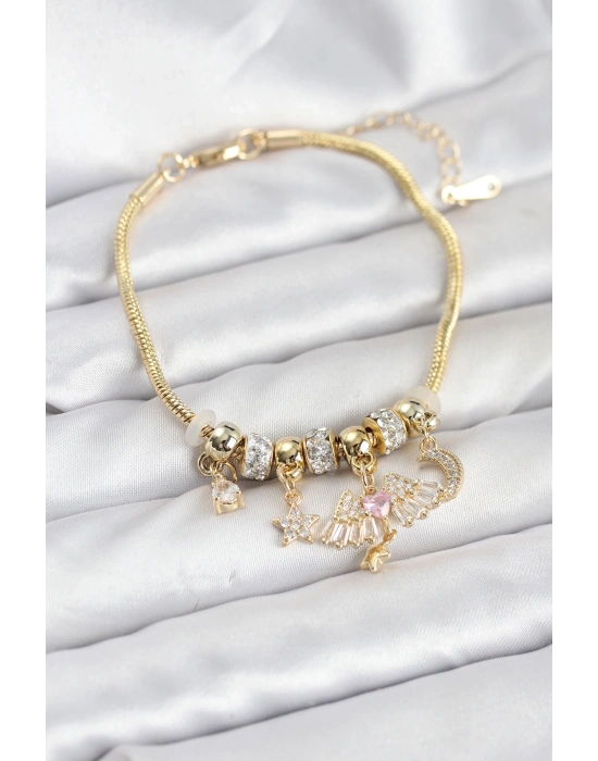 ® Pirinç Gold Renk Kanatlı Charmlı Kadın Bileklik