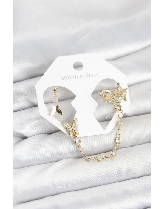 ® Pirinç Gold Renk Kelebek Model Zincir Bağlantılı Ear Cuff Küpe Seti