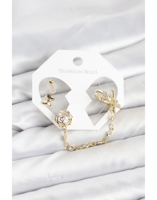 ® Pirinç Gold Renk Kelebekli Model Zincir Bağlantılı Ear Cuff Küpe Seti
