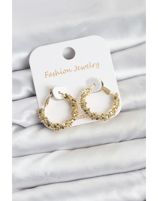 ® Pirinç Gold Renk Küçük Tırtıklı Halka Model Kadın Küpe