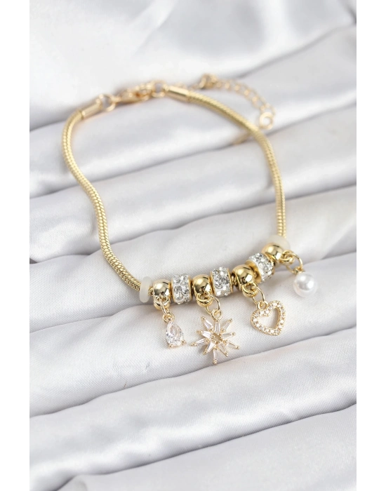 ® Pirinç Gold Renk Kutup Yıldızı ve Kalp Charmlı Kadın Bileklik