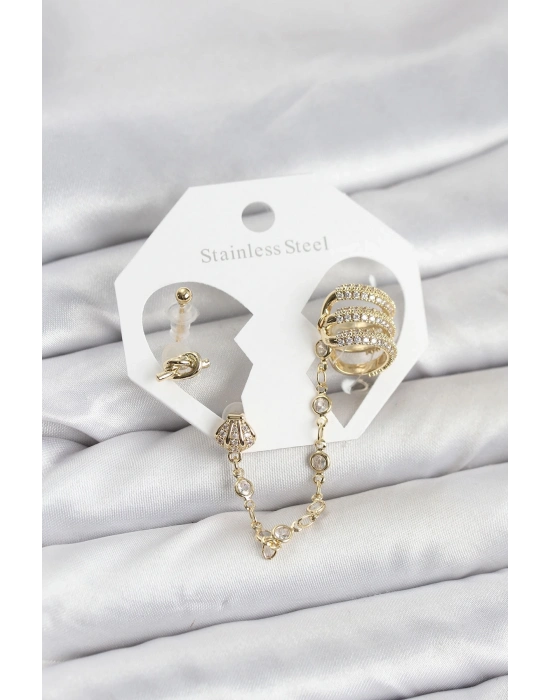 ® Pirinç Gold Renk Sarmal Model Zincir Bağlantılı Ear Cuff Küpe Seti
