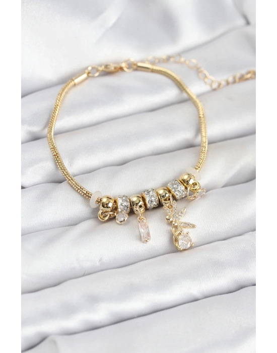 ® Pirinç Gold Renk Tinkerbell Charmlı Kadın Bileklik