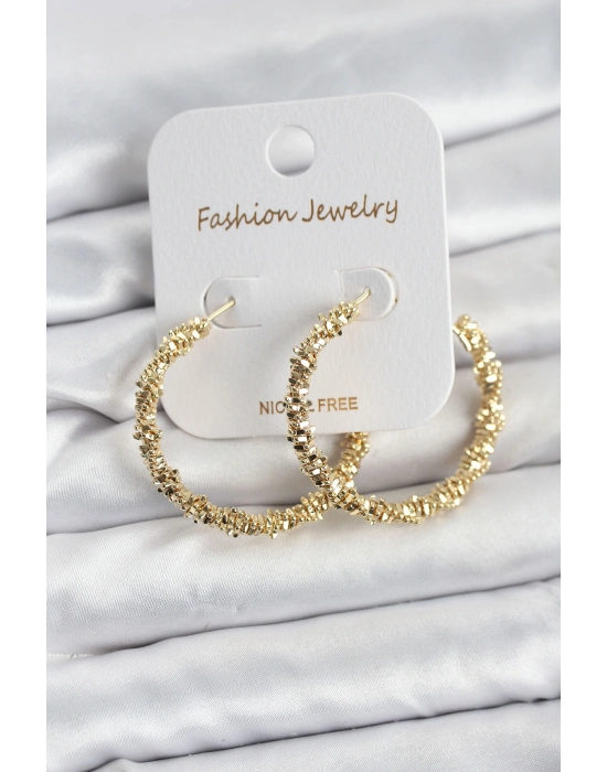 ® Pirinç Gold Renk Tırtıklı Halka Model Kadın Küpe