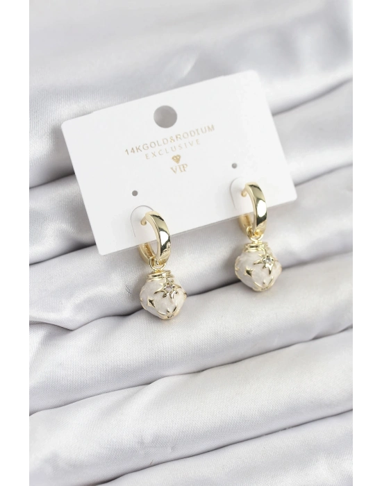 ® Pirinç Gold Renk Topçuk Model Mineli Halka Kadın Küpe