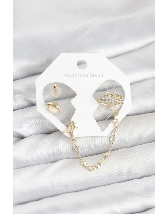 ® Pirinç Gold Renk Uzay Model Zincir Bağlantılı Ear Cuff Küpe Seti