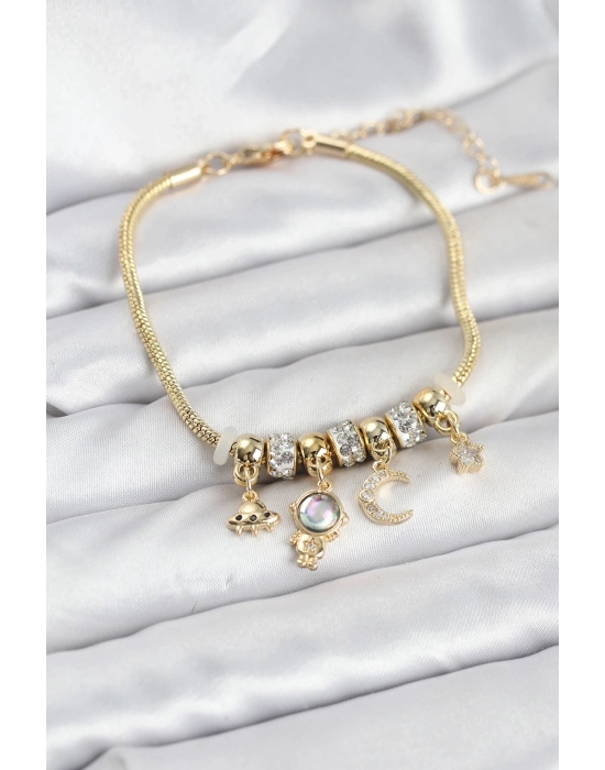 ® Pirinç Gold Renk Uzay Tema Charmlı Kadın Bileklik