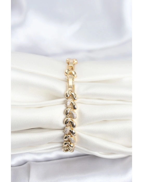 ® Pirinç Gold Renk VIP Seri Sarmal Damla Model Zirkon Taşlı Kadın Bileklik