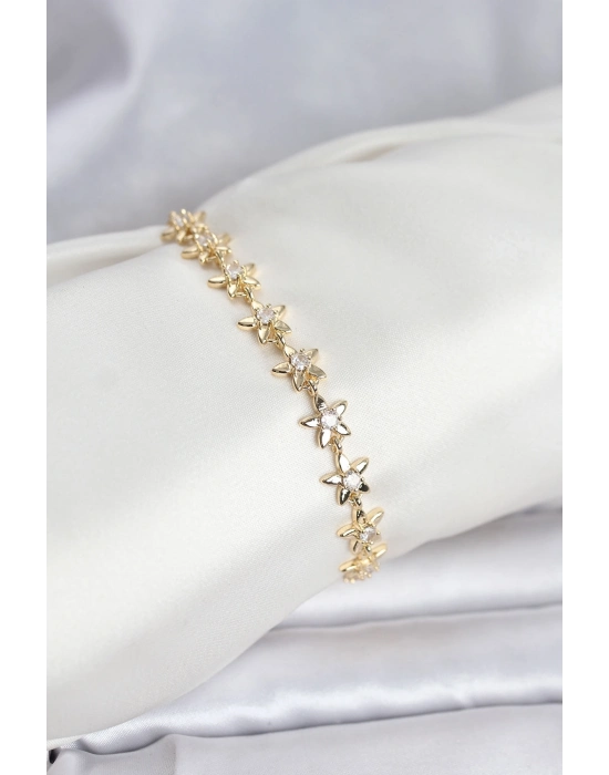 ® Pirinç Gold Renk VIP Seri Sıralı Taşlı Yıldız Model Zirkon Taşlı Kadın Bileklik