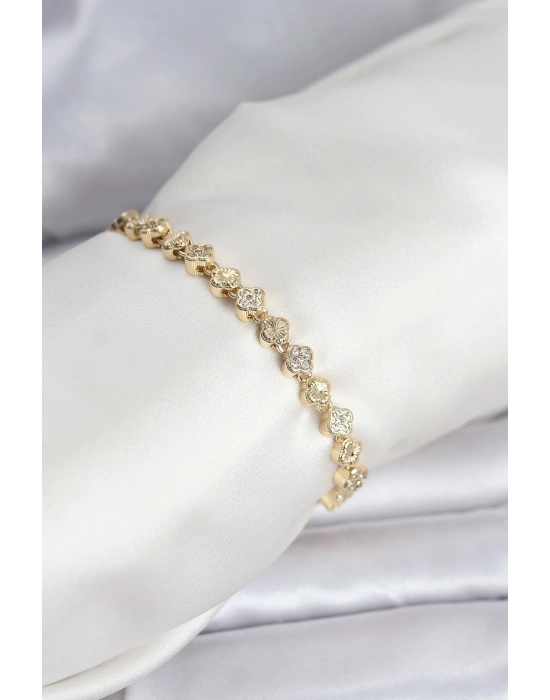 ® Pirinç Gold Renk VIP Seri Sıralı Yonca Model Zirkon Taşlı Kadın Bileklik