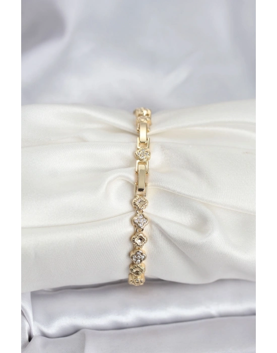 ® Pirinç Gold Renk VIP Seri Sıralı Yonca Model Zirkon Taşlı Kadın Bileklik